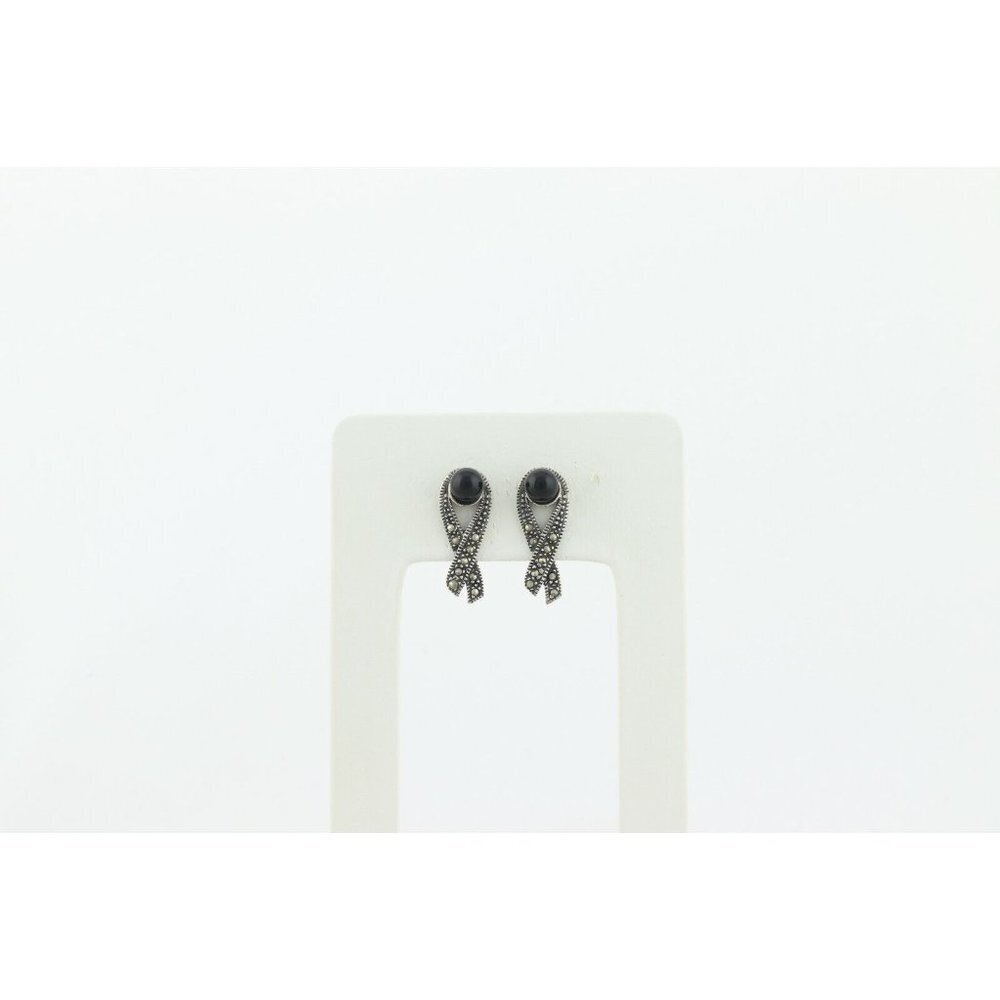 Sterling Silver Marcasite Ribbon Earrings with Black Bead Stud Post - Picture 5 of 9